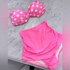 High waist pink polka dot bandeau strapless bikini swimsuit set size large